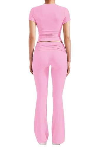YETOWA Women's Slim Fit Short Sleeve Top & Flare Leggings Yoga Set