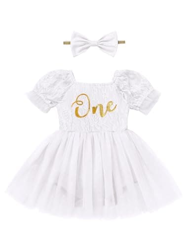 IMEKIS Baby Girl 1st Birthday Tulle Romper with Headband Sleeve