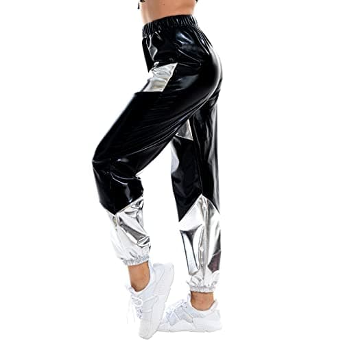 IMEKIS Women's High Waist Metallic Rave Jogger Pants Hip Hop Streetwear