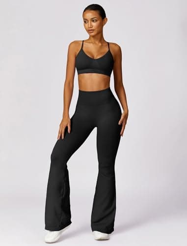 OmeWee Women's V-Neck Adjustables Cami Bra & High-Waist Flared Leggings Workout Set