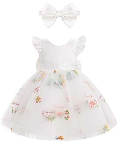 IMEKIS Toddler Girls Satin Tulle Dress with Headband Embroidery