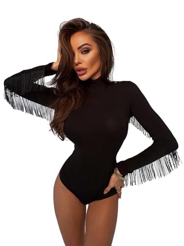 LESI Official Women's Black Long Sleeve Bodysuit with Fringe