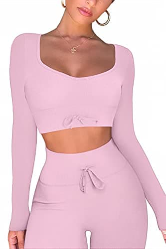 QINSEN Women's Seamless Workout Set - Long Sleeve Crop Top and High Waist Leggings