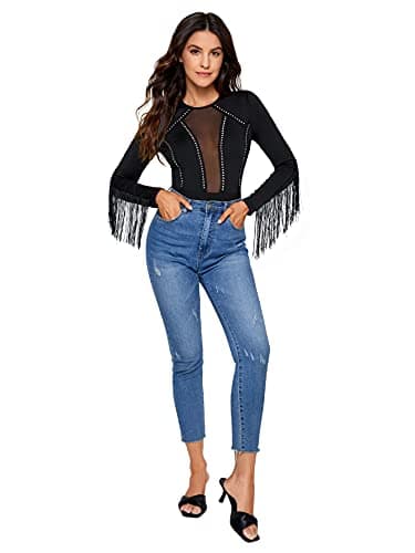 SweatyRocks Women's Sheer Mesh Cowgirl Bodysuit with Fringe Long Sleeves