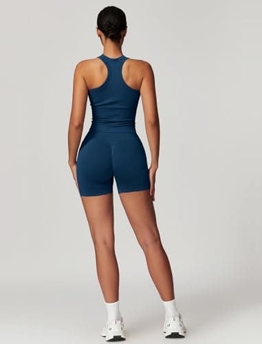 Womens Racer-Back Tank Top & High Waist Biker Shorts Gym Outfits