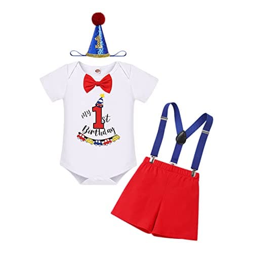 Baby Boy First Birthday Outfit with Bunting Flag Bow Tie Bodysuit Shorts Suspenders
