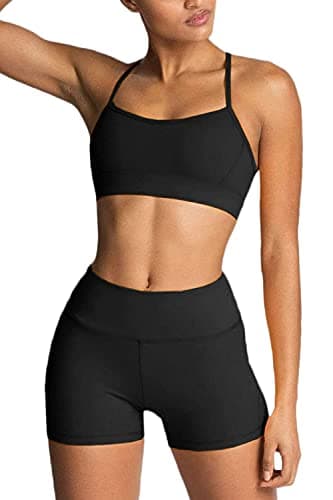 IWEMEK Women's High-Waisted Biker Shorts & Cross Back Sports Bra Gym Set
