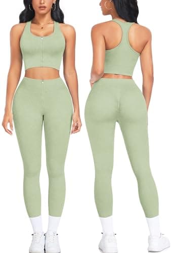 OLCHEE Women's Seamless Ribbed Workout Set - Acid Wash Yoga Leggings and Keyhole Crop Top Bra