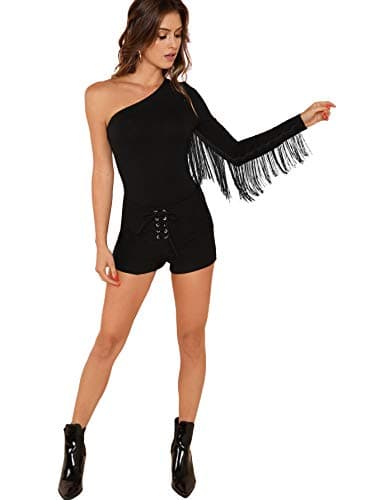 Women's Fringe Trim One Shoulder Bodysuit Top by Verdusa