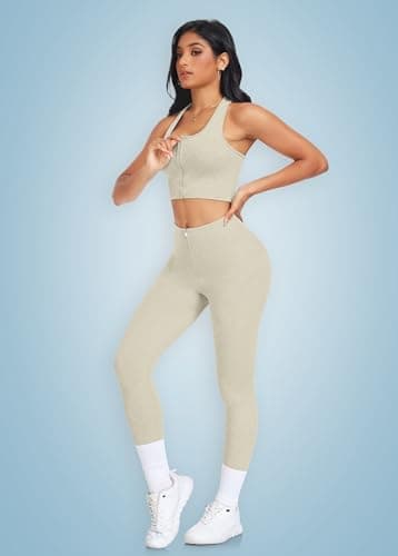 OLCHEE Women's Seamless Ribbed Workout Set - Acid Wash Yoga Leggings and Keyhole Crop Top Bra
