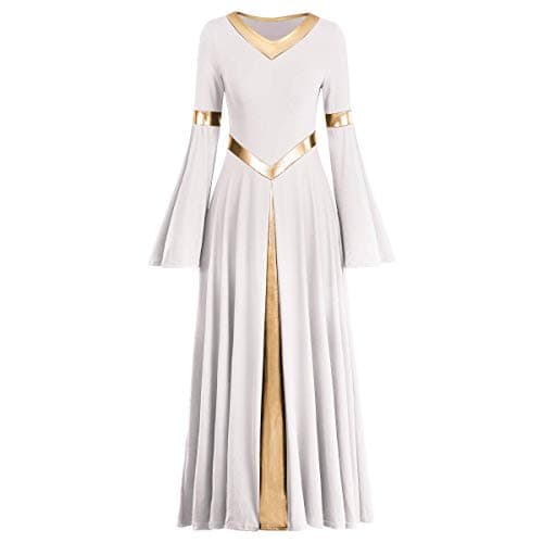 IMEKIS Metallic V Neck Praise Dance Dress Bell Sleeve Robe for Women