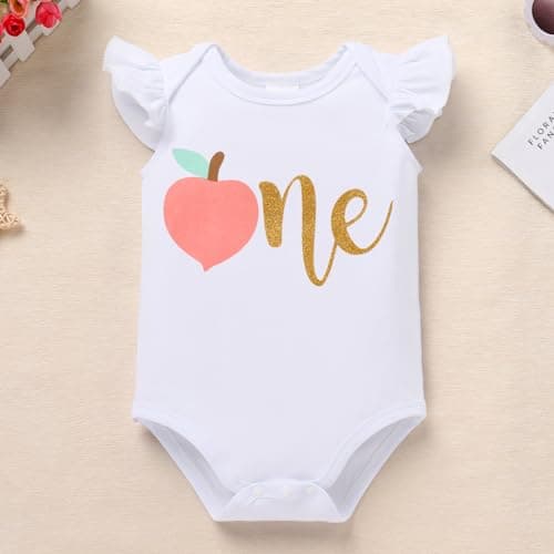 IMEKIS Baby Girl 1st Birthday Strawberry Peach Romper&Cake Smash Outfit