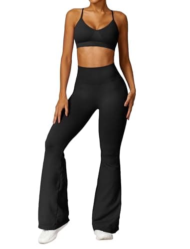 OmeWee Women's V-Neck Adjustables Cami Bra & High-Waist Flared Leggings Workout Set