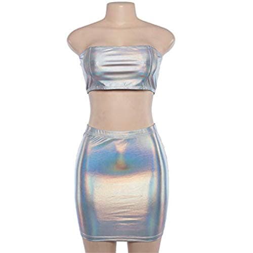 Fenyong Women's Metallic Shiny Off-Shoulder Crop Top & Silver Skirt Set