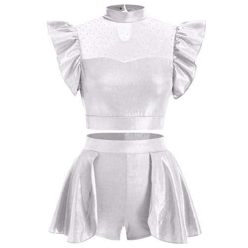 ODASDO Women Shiny Metallic Dance Outfit Crop Top + Skirted Shorts Set