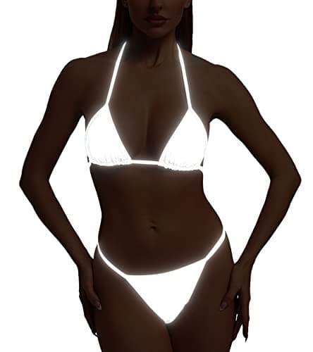 Reflective Rave Outfits for Women - Shiny Halter Bikini Set