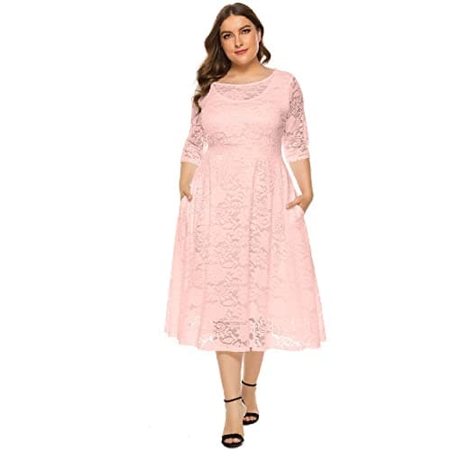 Plus Size Floral Lace Cocktail Dress with Pockets for Women