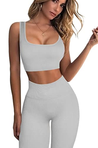 QINSEN Ribbed Workout Sets for Women: Seamless Sport Bra and High Waist Yoga Leggings