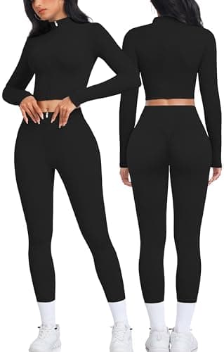 OLCHEE Women's Seamless Ribbed Workout Set - Acid Wash Yoga Leggings and Keyhole Crop Top Bra