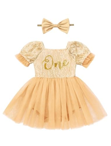 IMEKIS Baby Girl 1st Birthday Tulle Romper with Headband Sleeve