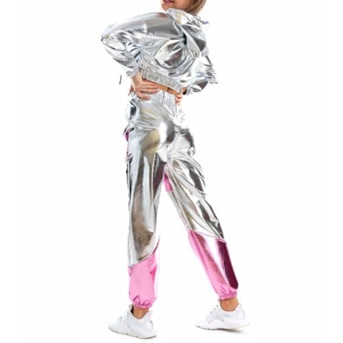 Agoky Women's Rave Party Outfits: Color Block Patchwork Crop Top with Glossy Pants