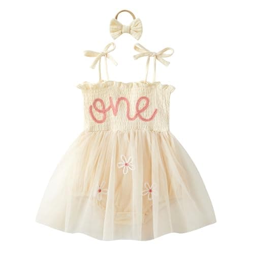 DLLYING Baby Girl Summer Smocked Fairy One-Piece Tulle Dress + Headband