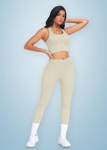 OLCHEE Women's Seamless Ribbed Workout Set - Acid Wash Yoga Leggings and Keyhole Crop Top Bra