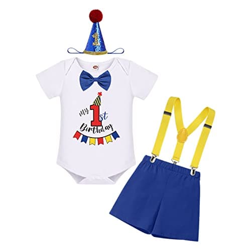 Baby Boy First Birthday Outfit with Bunting Flag Bow Tie Bodysuit Shorts Suspenders
