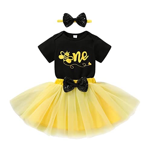 HAPPYMA Bee Sunflower Romper Tulle Tutu 1st Birthday Outfit