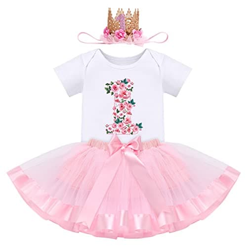 IBTOM CASTLE Baby Girl 1st Birthday Floral Lace Romper & Tutu Set+Crown Photo Clothes