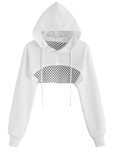 Drawstring Fishnet Hoodie Crop Tops