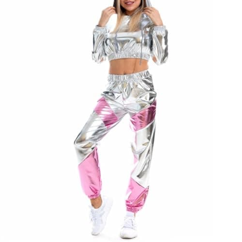 Agoky Women's Rave Party Outfits: Color Block Patchwork Crop Top with Glossy Pants