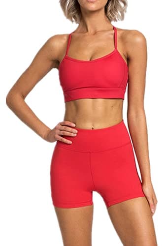 IWEMEK Women's High-Waisted Biker Shorts & Cross Back Sports Bra Gym Set