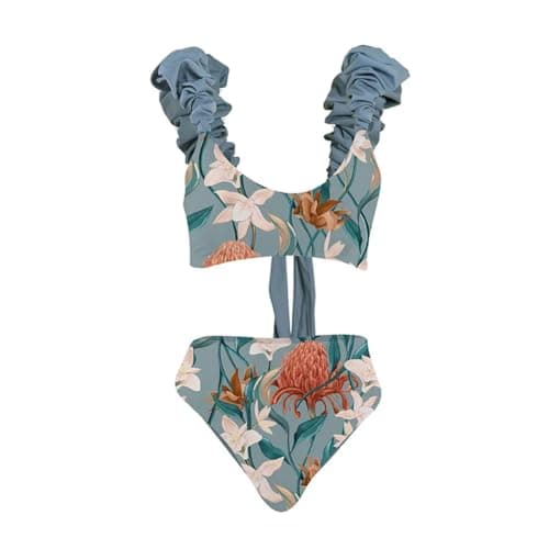 IMEKIS Women's 3-Piece Ruffle Floral Print Vintage Bikini Swimwear for Summer Holiday