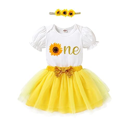 HAPPYMA Bee Sunflower Romper Tulle Tutu 1st Birthday Outfit
