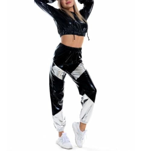 Shiny Metallic Rave Outfit for Women: Hooded Short Sweatshirt and High Waist Pants