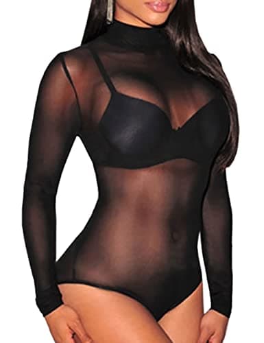 Sheer Mesh Turtleneck Bodysuit for Ladies