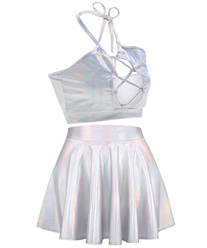 Women's Rave Outfit Sets - Metallic Tops & Long Skirt