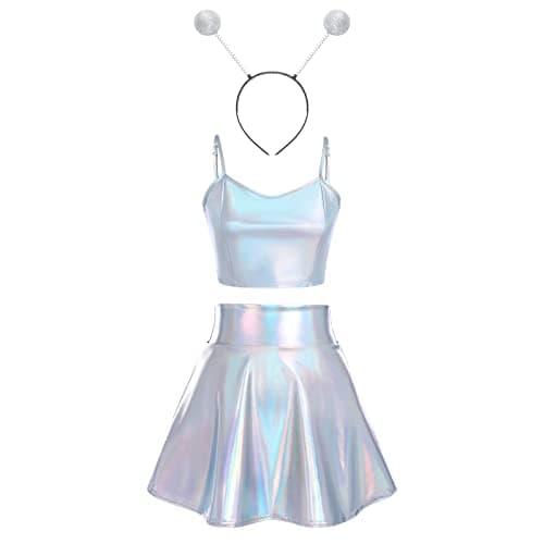 Alien Costume Metallic Crop Top + Holographic Mini Skirt + Headband - Halloween Rave Outfit