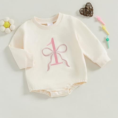 Honganda Baby Girl Long Sleeve Bow Embroidery Sweatshirt Romper Fall 1st Birthday Outfit