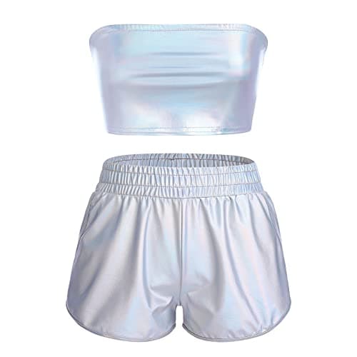 Metallic Rave Outfit for Women: Shiny Crop Top and Shorts for Music Festivals, Halloween Cosplay and Dance Clubwear