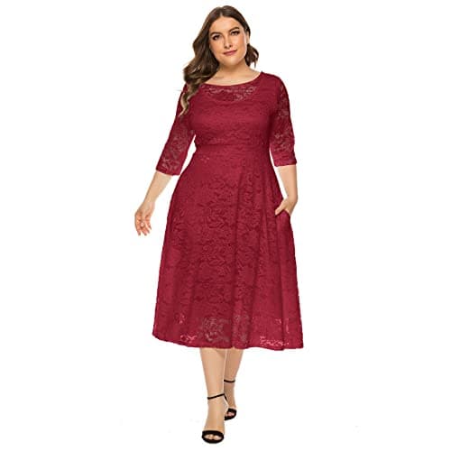 Plus Size Floral Lace Cocktail Dress with Pockets for Women