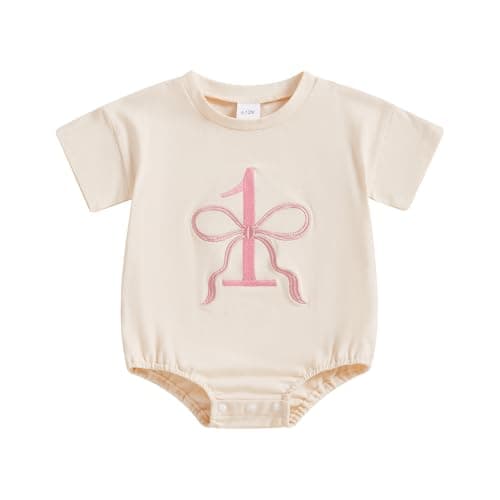 CREAIRY Baby Girl 1st Birthday Bow Bubble Romper Shorts Sleeve Jumpsuit Summer Clothes