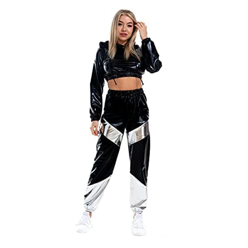Women's Metallic Shiny Crop Top Hoodie and Long Pants Outfit for Rave Outfits and Disco Dance Clubwear