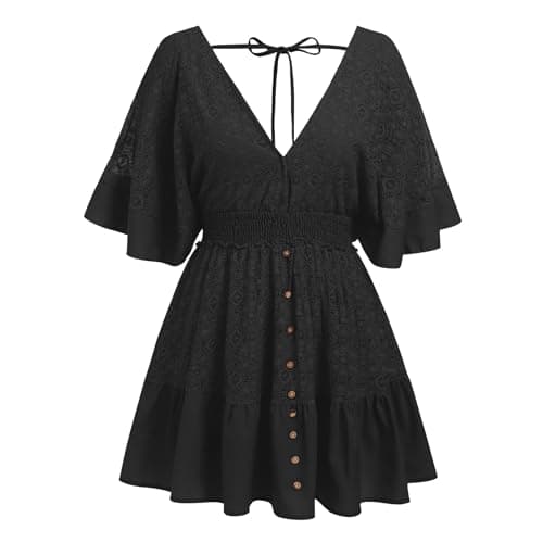 IMEKIS Women Lace V Neck Batwing Sleeve Tie Back A-line Party Dress