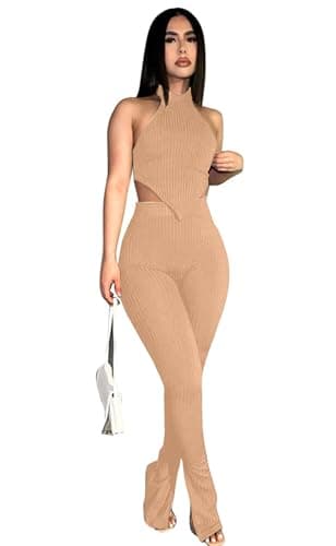 Ekaliy Women's Sleeveless Crop Top & High Waist Ribbed Pants Party Jumpsuit