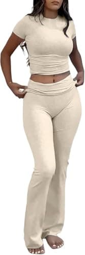 ZFLM Casual Women's Workout Two-Piece Sets - High Waist Crop Top & Flare Pants