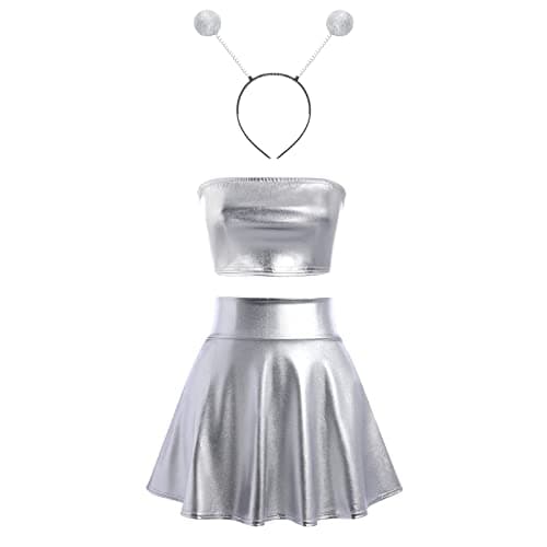 Alien Costume Metallic Crop Top + Holographic Mini Skirt + Headband - Halloween Rave Outfit