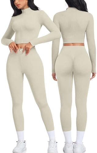 OLCHEE Women's Seamless Ribbed Workout Set - Acid Wash Yoga Leggings and Keyhole Crop Top Bra