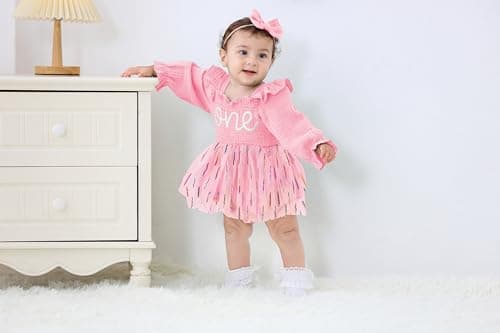 TITKKOP Baby Girl 1st Birthday Tulle Romper Long Sleeve Cake Smash Outfit